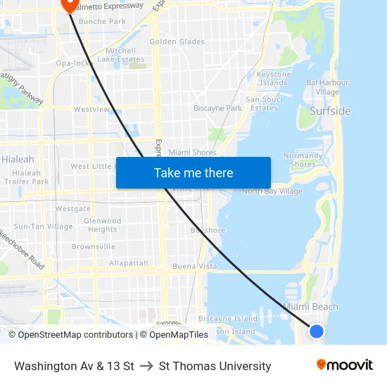 Washington Av & 13 St to St Thomas University map