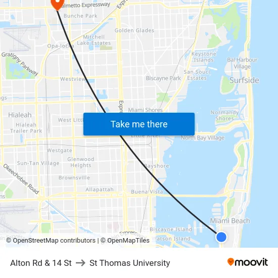 Alton Rd & 14 St to St Thomas University map