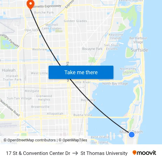 17 St & Convention Center Dr to St Thomas University map