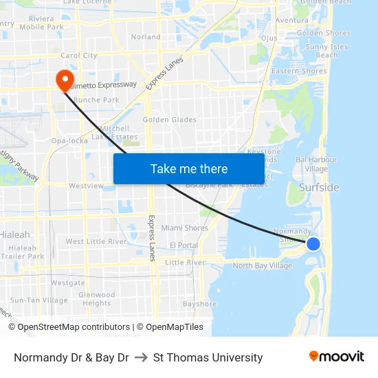 Normandy Dr & Bay Dr to St Thomas University map