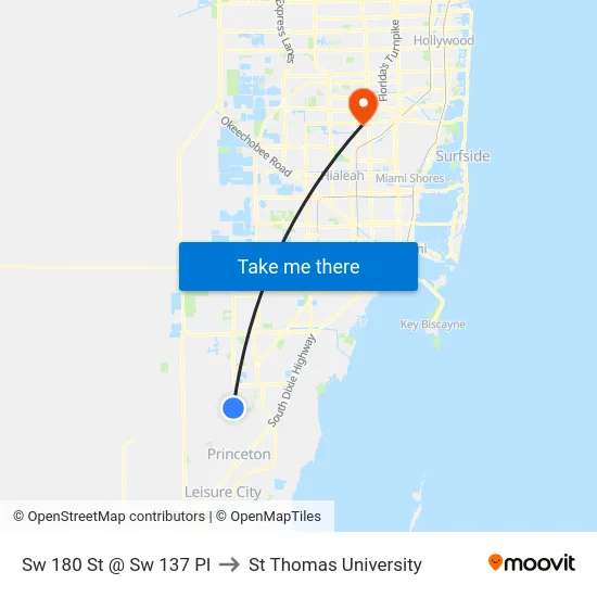 Sw 180 St @ Sw 137 Pl to St Thomas University map