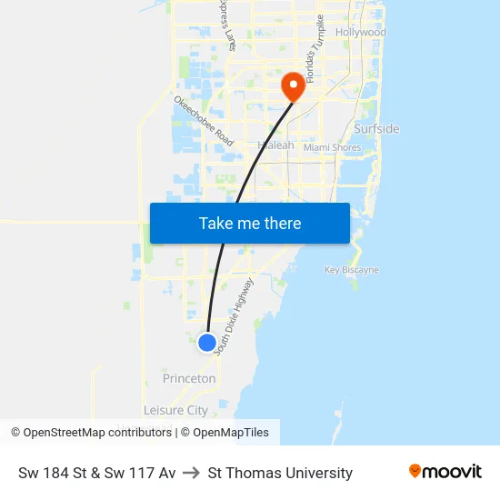 Sw 184 St & Sw 117 Av to St Thomas University map