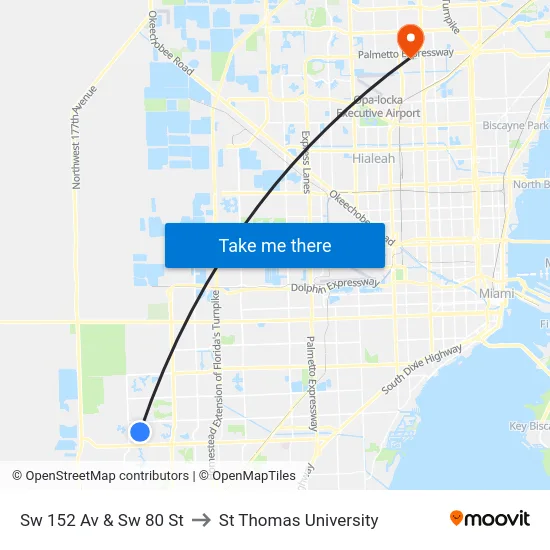 Sw 152 Av & Sw 80 St to St Thomas University map