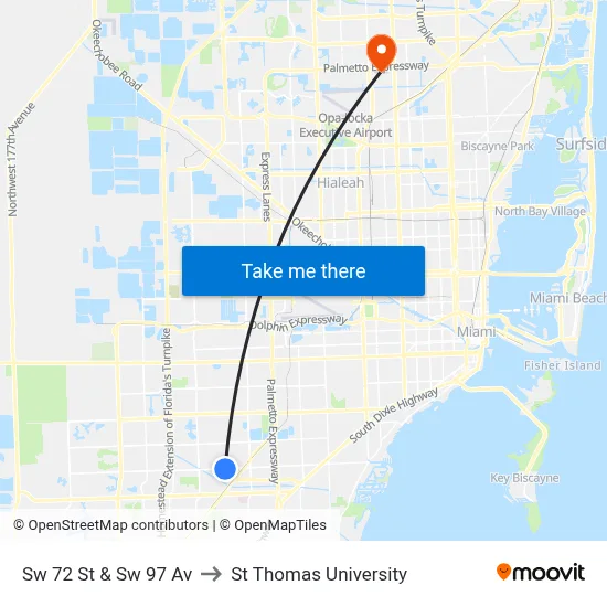 Sw 72 St & Sw 97 Av to St Thomas University map