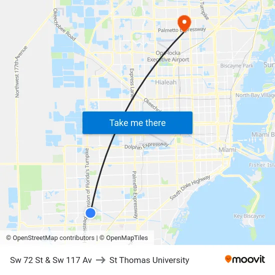 Sw 72 St & Sw 117 Av to St Thomas University map