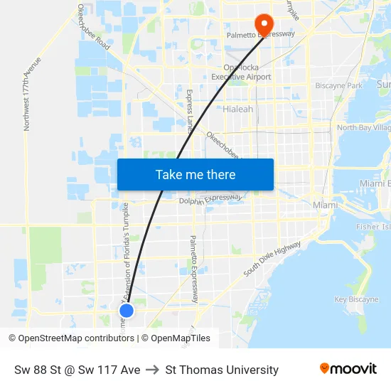 Sw 88 St @ Sw 117 Ave to St Thomas University map