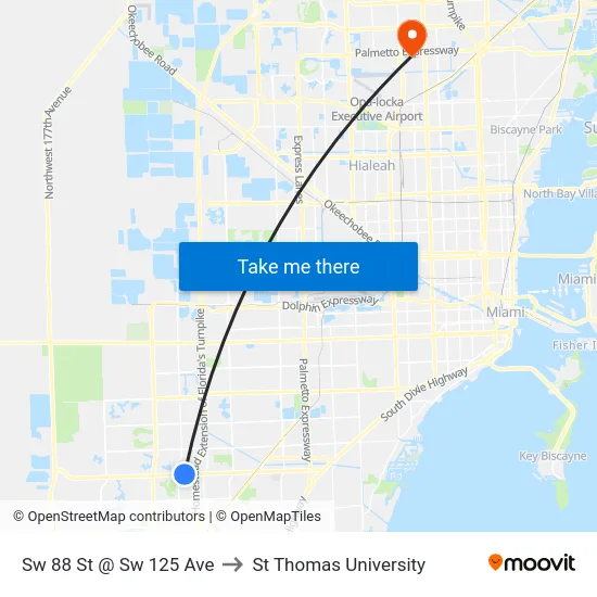 Sw 88 St @ Sw 125 Ave to St Thomas University map