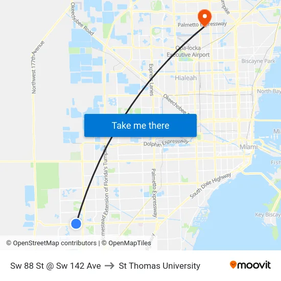 Sw 88 St @ Sw 142 Ave to St Thomas University map