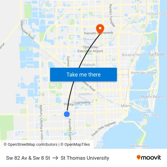 Sw 82 Av & Sw 8 St to St Thomas University map