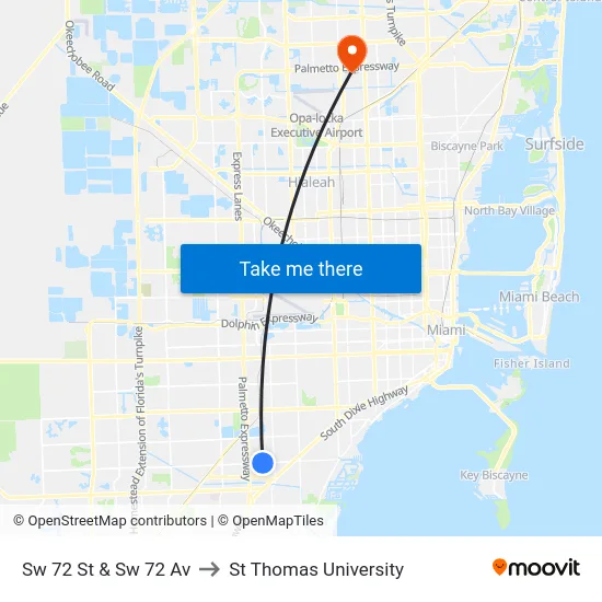 Sw 72 St & Sw 72 Av to St Thomas University map
