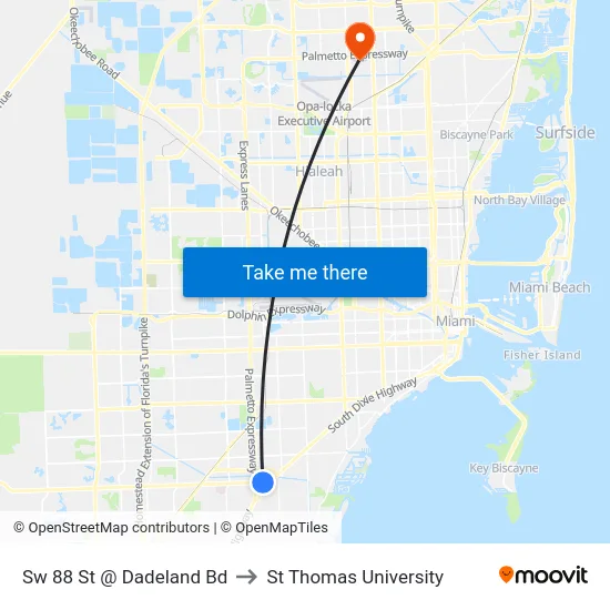Sw 88 St @ Dadeland Bd to St Thomas University map