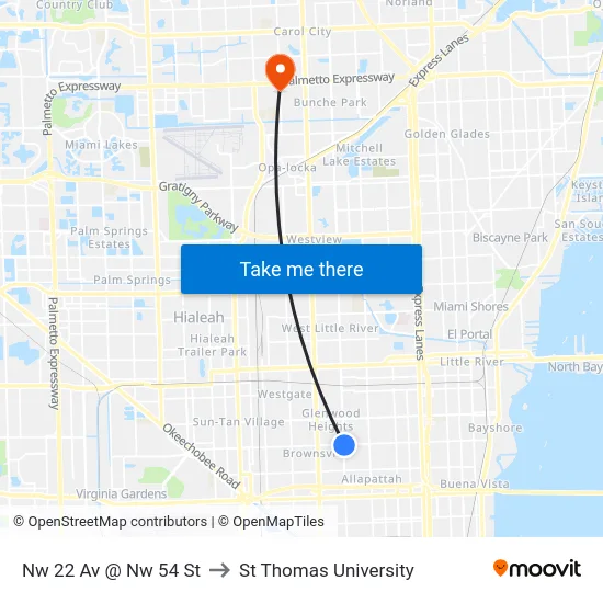 Nw 22 Av @ Nw 54 St to St Thomas University map