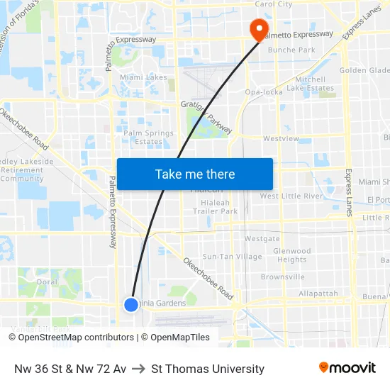 Nw 36 St & Nw 72 Av to St Thomas University map