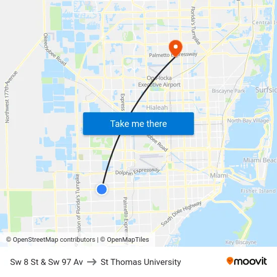 Sw 8 St & Sw 97 Av to St Thomas University map
