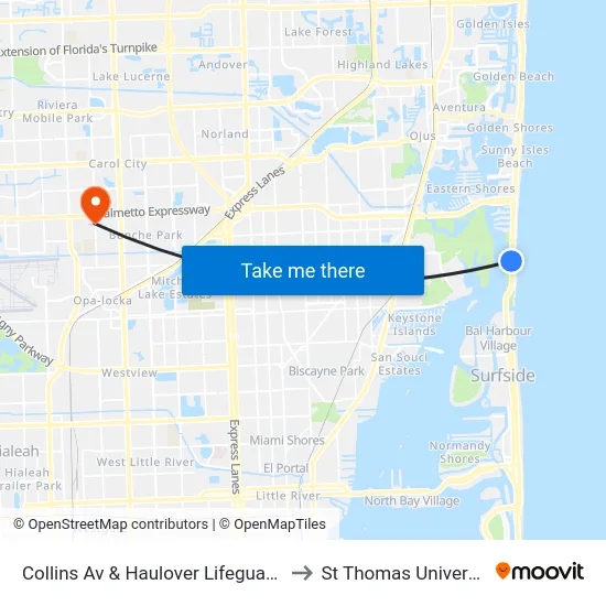 Collins Av & Haulover Lifeguard B to St Thomas University map