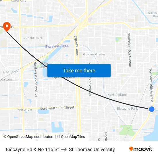 Biscayne Bd & Ne 116 St to St Thomas University map