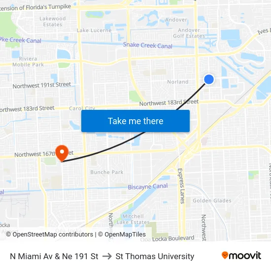 N Miami Av & Ne 191 St to St Thomas University map