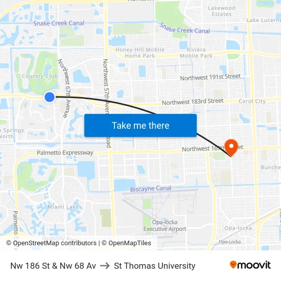 Nw 186 St & Nw 68 Av to St Thomas University map
