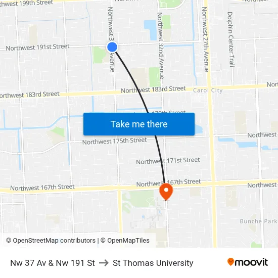 Nw 37 Av & Nw 191 St to St Thomas University map