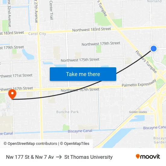 Nw 177 St & Nw 7 Av to St Thomas University map