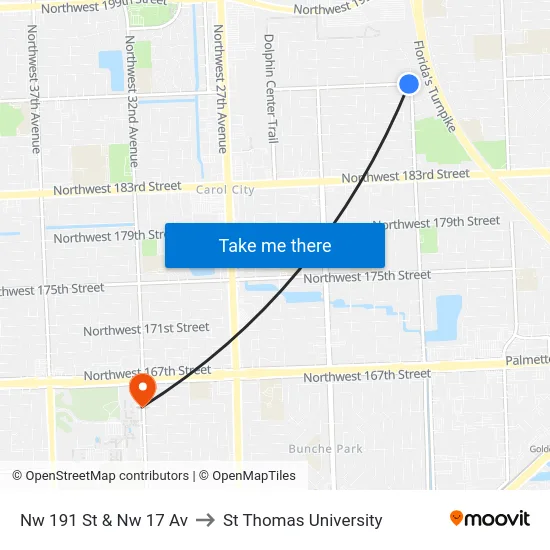 Nw 191 St & Nw 17 Av to St Thomas University map