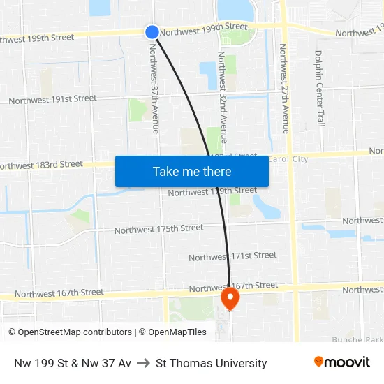 Nw 199 St & Nw 37 Av to St Thomas University map