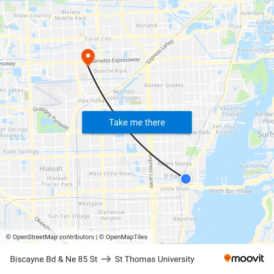 Biscayne Bd & Ne 85 St to St Thomas University map