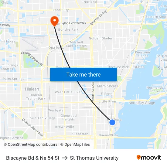 Biscayne Bd & Ne 54 St to St Thomas University map