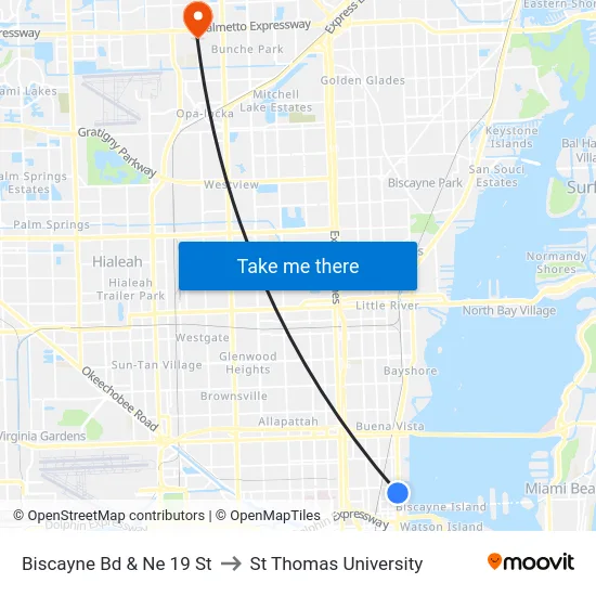 Biscayne Bd & Ne 19 St to St Thomas University map