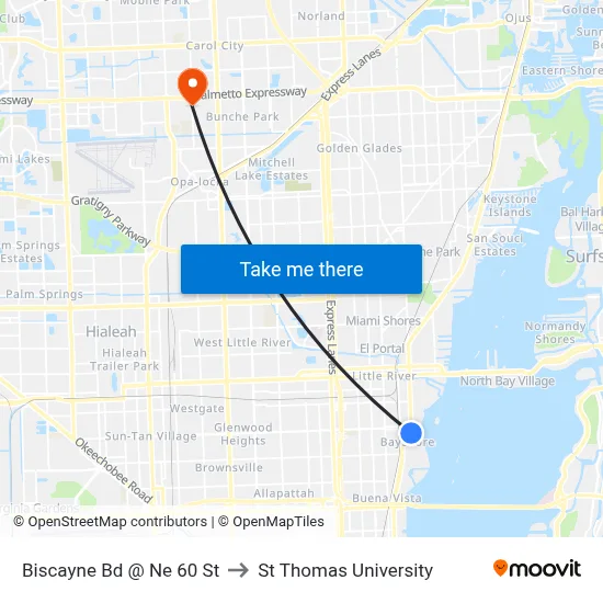 Biscayne Bd @ Ne 60 St to St Thomas University map