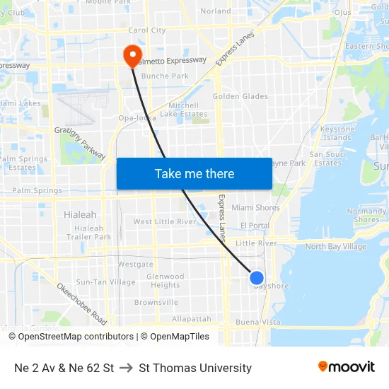 Ne 2 Av & Ne 62 St to St Thomas University map