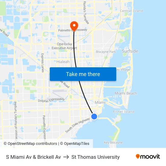 S Miami Av & Brickell Av to St Thomas University map