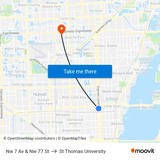 Nw 7 Av & Nw 77 St to St Thomas University map
