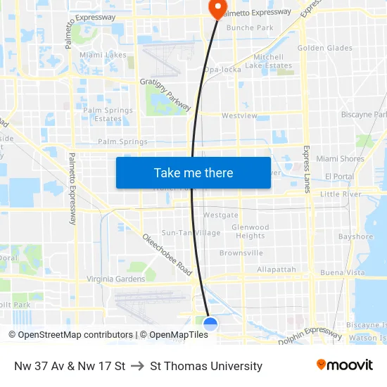 Nw 37 Av & Nw 17 St to St Thomas University map