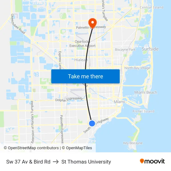Sw 37 Av & Bird Rd to St Thomas University map