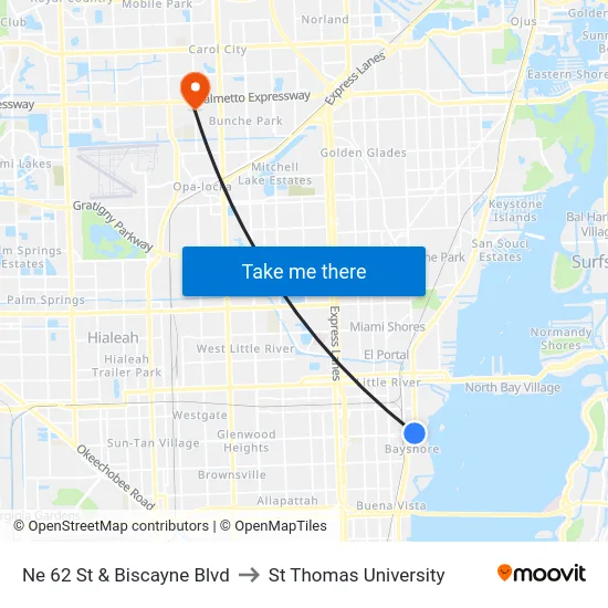 Ne 62 St & Biscayne Blvd to St Thomas University map