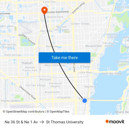 Ne 36 St & Ne 1 Av to St Thomas University map