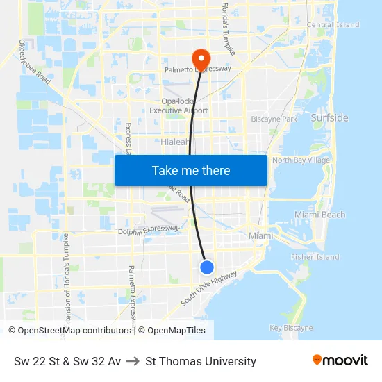 Sw 22 St & Sw 32 Av to St Thomas University map