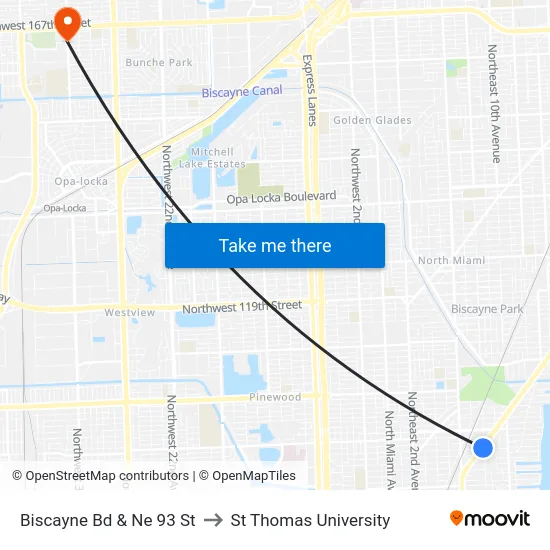 Biscayne Bd & Ne 93 St to St Thomas University map