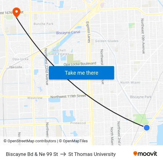 Biscayne Bd & Ne 99 St to St Thomas University map