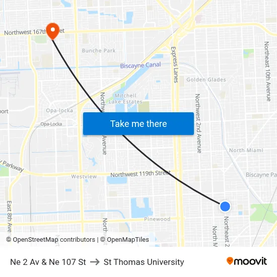 Ne 2 Av & Ne 107 St to St Thomas University map