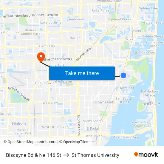 Biscayne Bd & Ne 146 St to St Thomas University map
