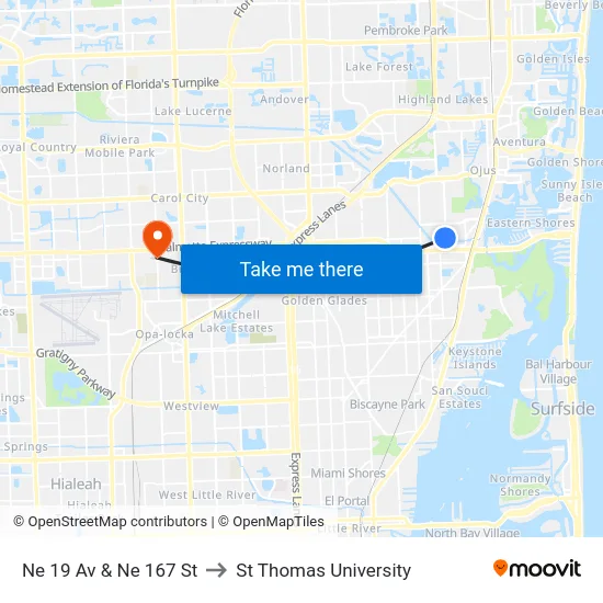 Ne 19 Av & Ne 167 St to St Thomas University map