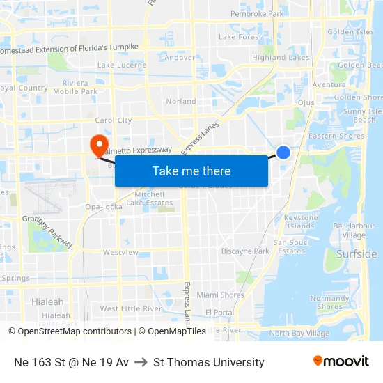 Ne 163 St @ Ne 19 Av to St Thomas University map