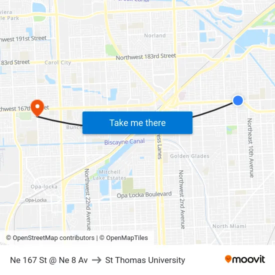 Ne 167 St @ Ne 8 Av to St Thomas University map