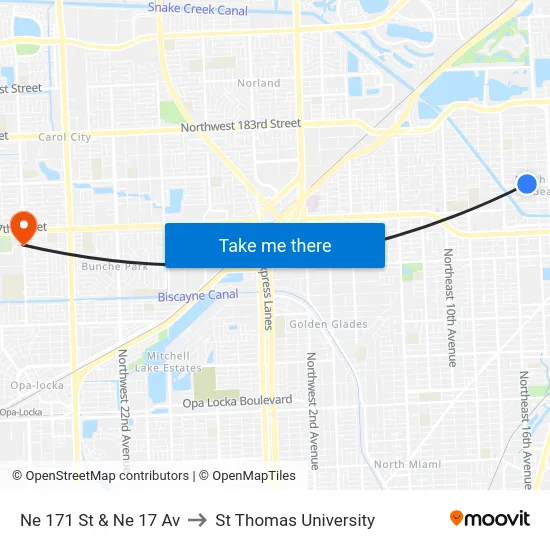 Ne 171 St & Ne 17 Av to St Thomas University map
