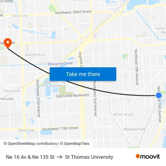 Ne 16 Av & Ne 135 St to St Thomas University map