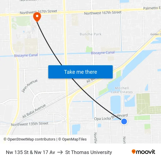Nw 135 St & Nw 17 Av to St Thomas University map