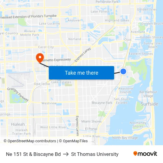Ne 151 St & Biscayne Bd to St Thomas University map