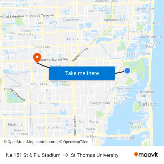 Ne 151 St & Fiu Stadium to St Thomas University map